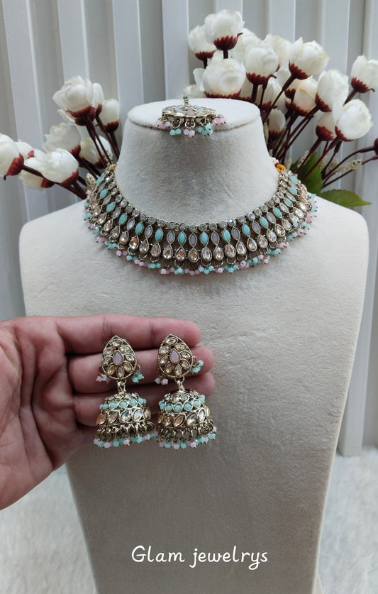 Mint Pink Antique Gold Necklace Indian Jewellery Gora Set