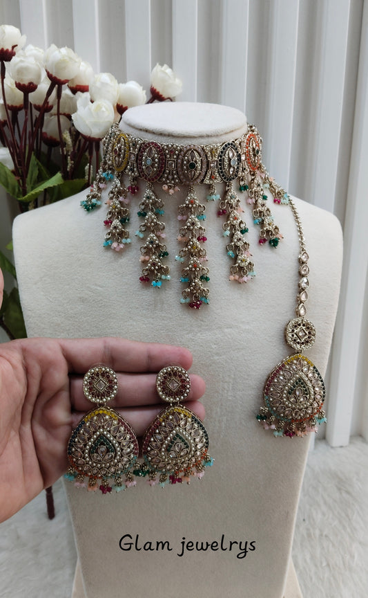 Multi Color Antique Gold Choker Indian Jewellery Inder Set
