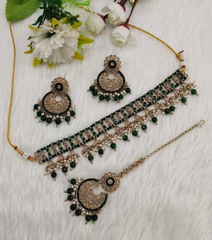 Green Antique Gold Choker Indian Jewellery Rami Set