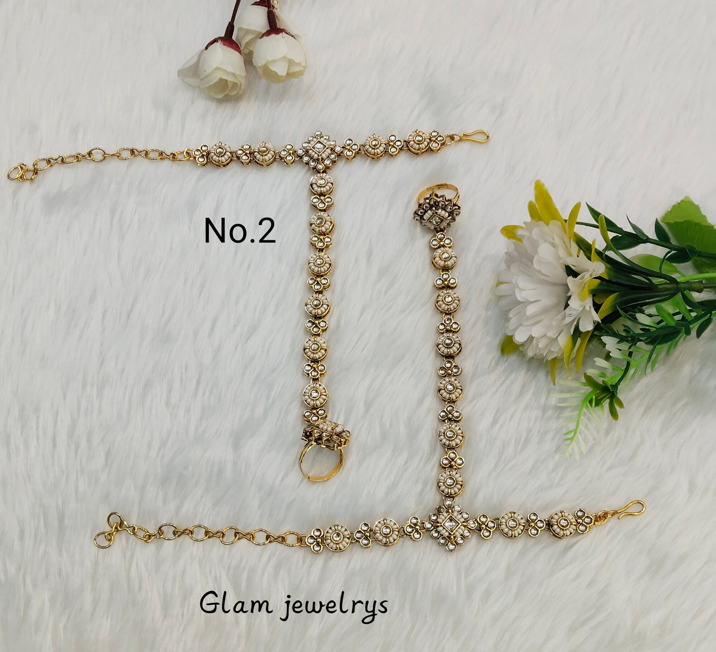 Indian Hand Bracelets Gold Bridal pair Finger ring Panja Jewellery
