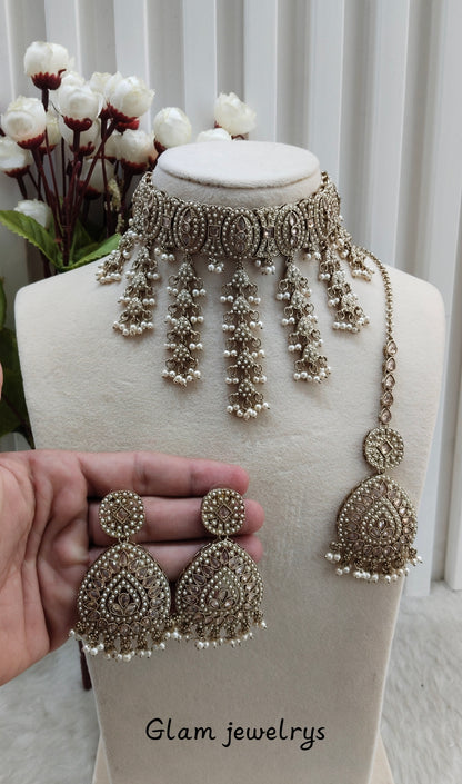 Antique Gold Choker Indian Jewellery Inder Set