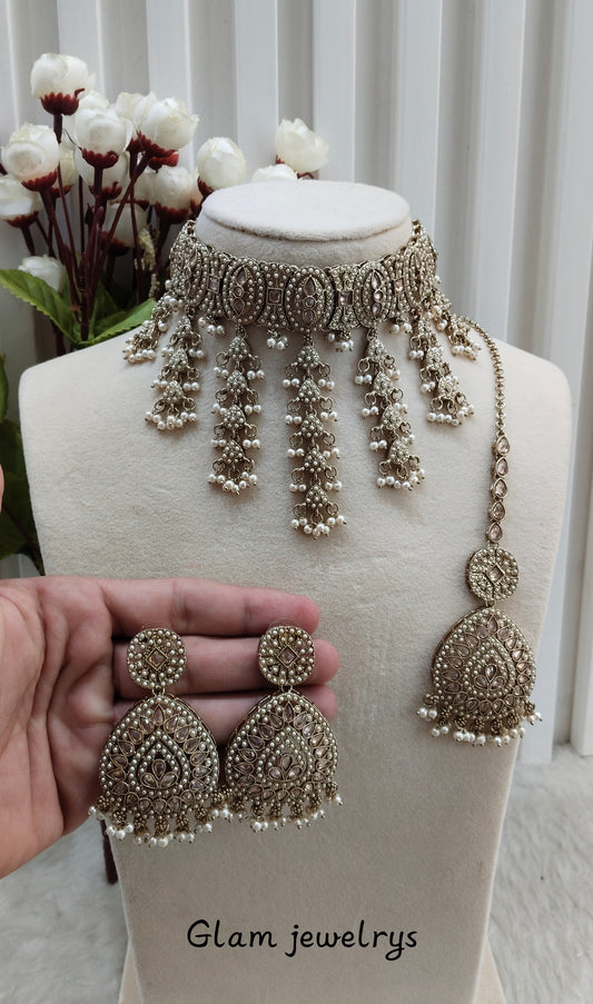 Antique Gold Choker Indian Jewellery Inder Set