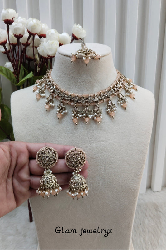 Peach Antique Gold Necklace Indian Jewellery Rami Set