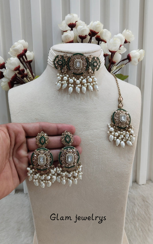 Green Antique Gold Choker Indian Jewellery Jaggi Set