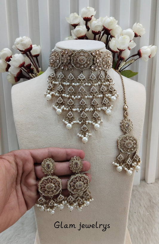 White Antique Gold Choker indian Jewellery Jaggi Set