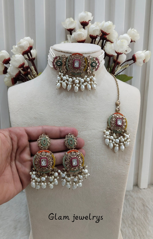 Multi Color Antique Gold Choker Indian Jewellery Jaggi Set