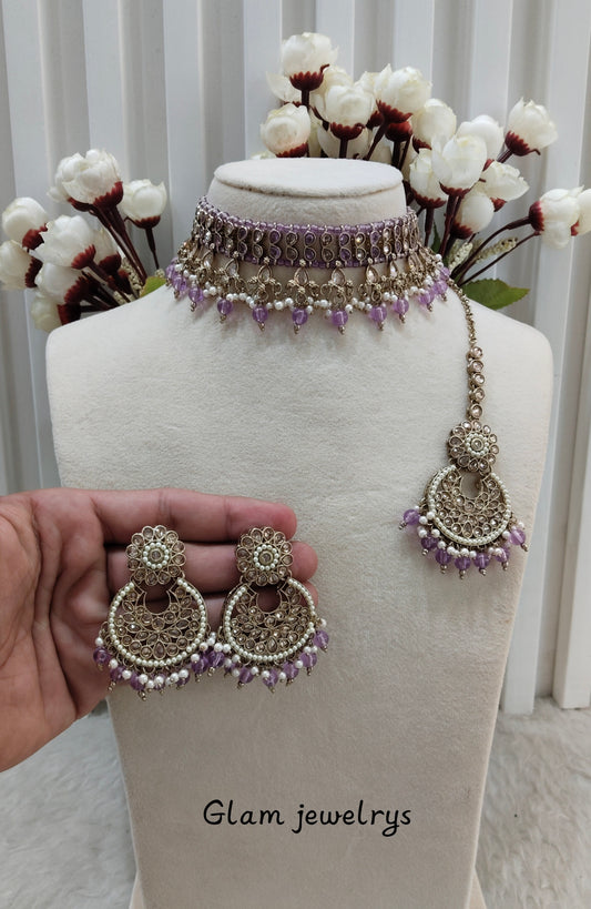Lavender Antique Gold Choker Indian Jewellery Rami Set