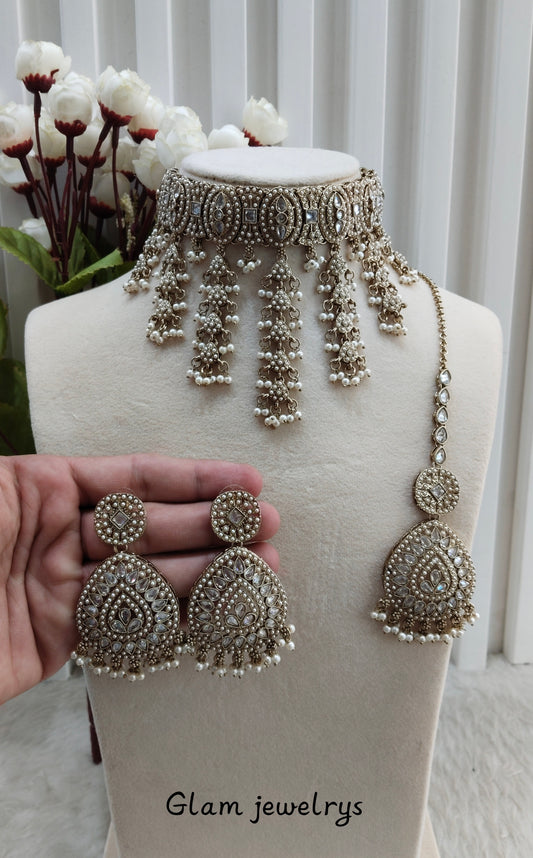 Antique Gold Choker Indian Jewellery Inder Set