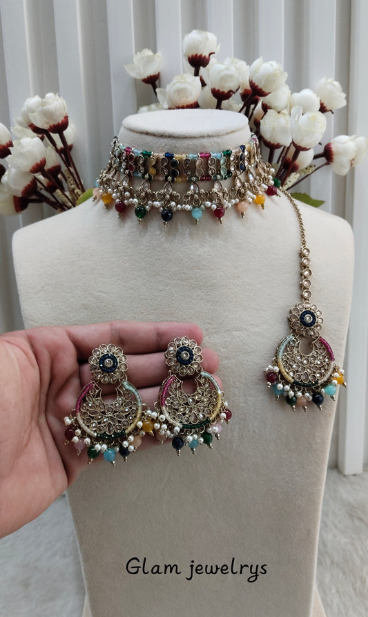 Multi Color Antique Gold Choker Indian Jewellery Rami Set