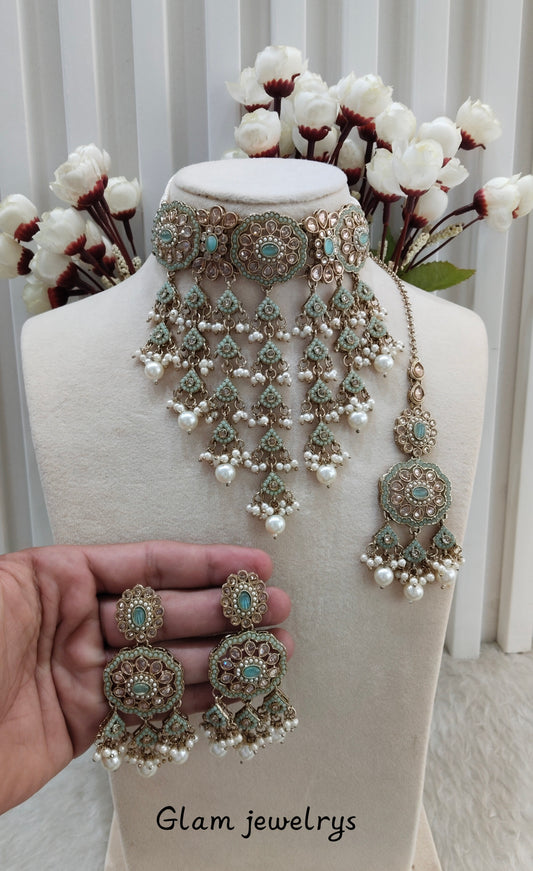 Pastel Green Antique Gold Choker indian Jewellery Jaggi Set