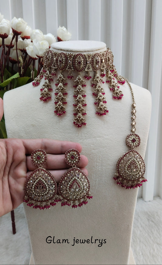 Ruby Antique Gold Choker Indian Jewellery Inder Set