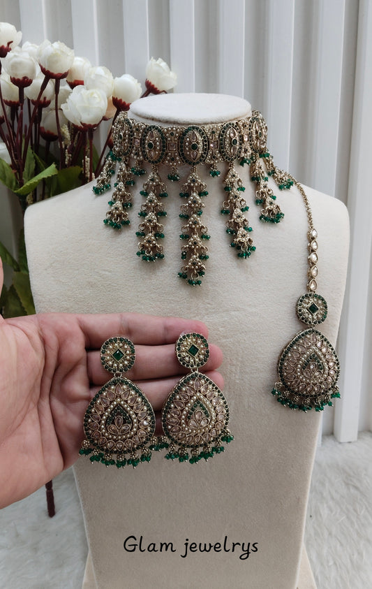 Green Antique Gold Choker Indian Jewellery Inder Set