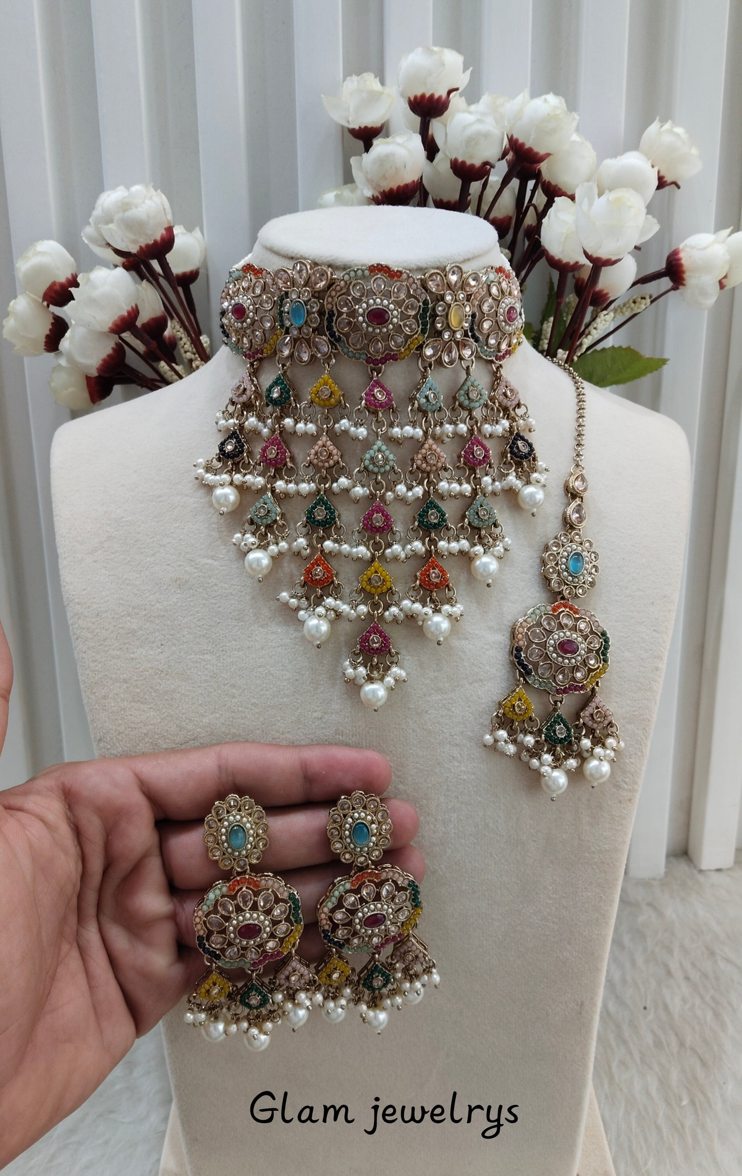 Multi Color Antique Gold Choker indian Jewellery Jaggi Set