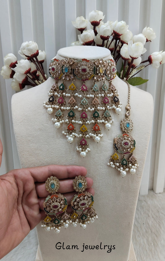 Multi Color Antique Gold Choker indian Jewellery Jaggi Set
