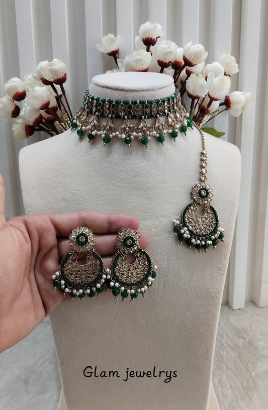 Green Antique Gold Choker Indian Jewellery Rami Set