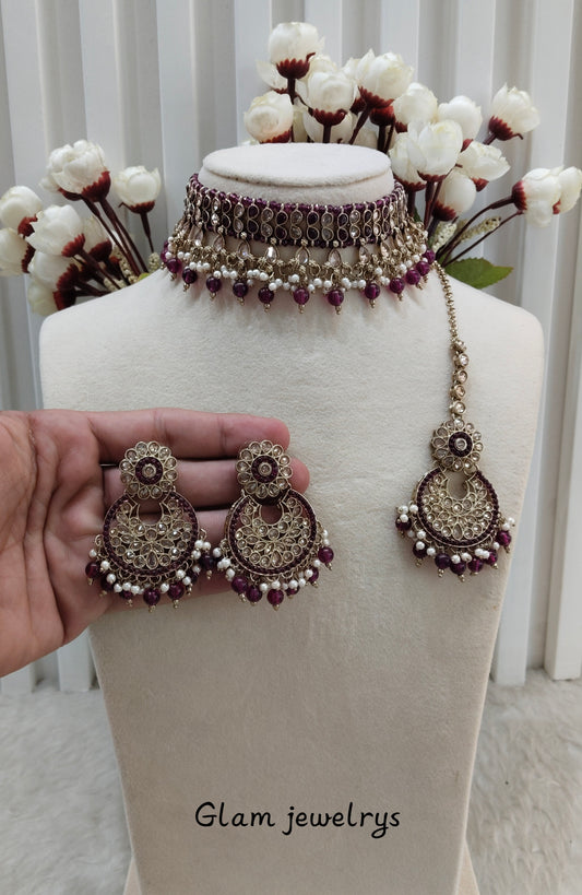 Purple Antique Gold Choker Indian Jewellery Rami Set