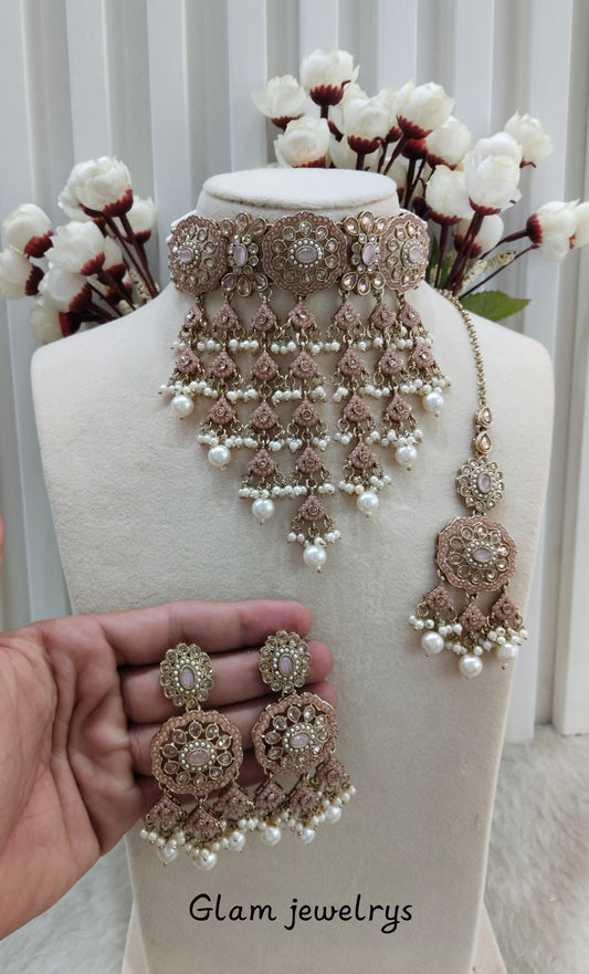 Pink Antique Gold Choker indian Jewellery Jaggi Set