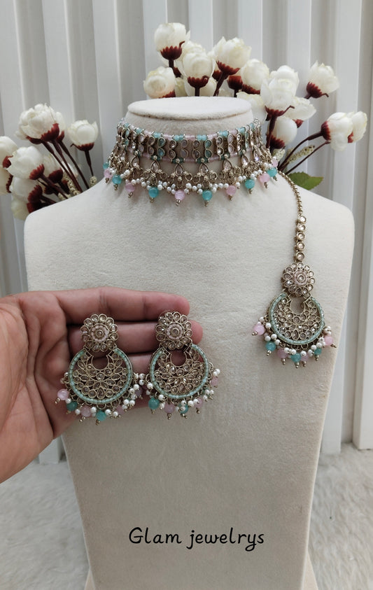 Mint Pink Antique Gold Choker Indian Jewellery Rami Set
