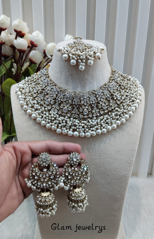 White Antique Gold Necklace Indian Jewellery Rcb Set