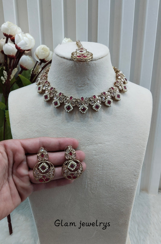 Ruby Antique Gold Necklace Indian Jewellery Race Set
