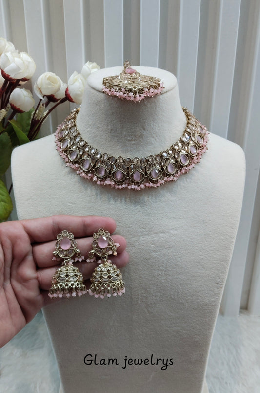 Pink Antique Gold Necklace Jewellery Topply Set