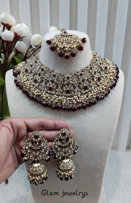 Maroon Antique Gold Necklace Indian Jewellery Rcb Set