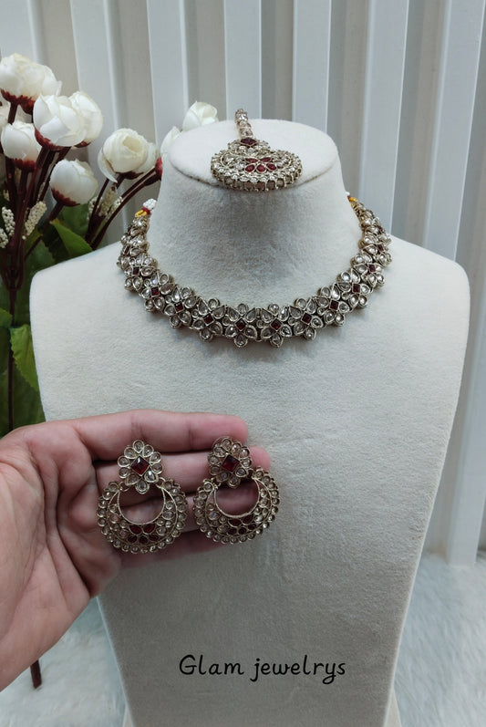 Maroon Antique Gold Necklace Indian Jewellery Race Set
