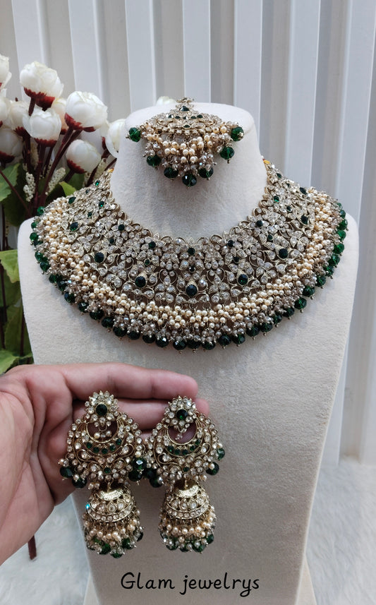 Green Antique Gold Necklace Indian Jewellery Rcb Set