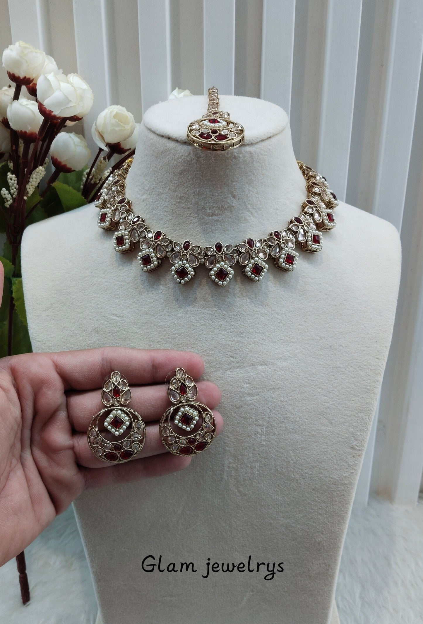 Maroon Antique Gold Necklace Indian Jewellery Race Set