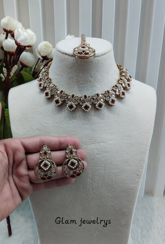 Maroon Antique Gold Necklace Indian Jewellery Race Set