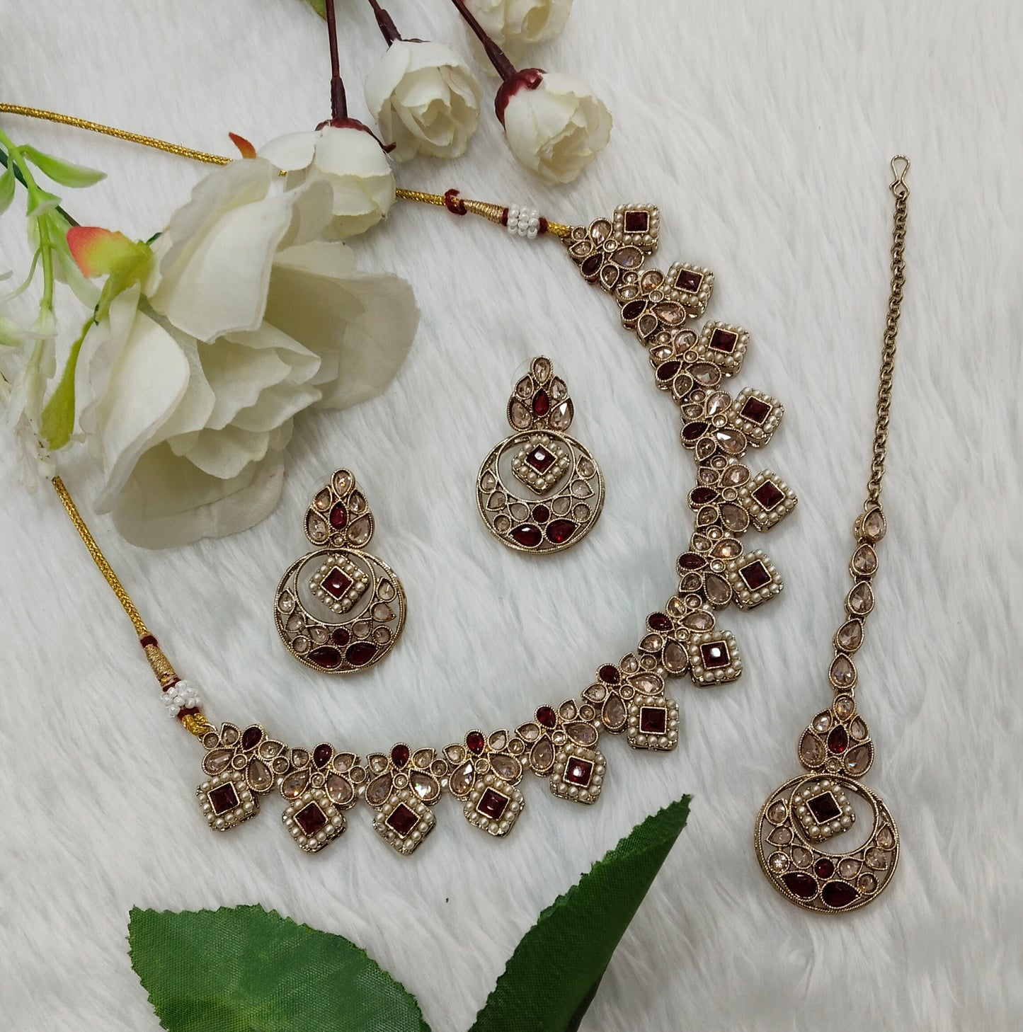 Maroon Antique Gold Necklace Indian Jewellery Race Set