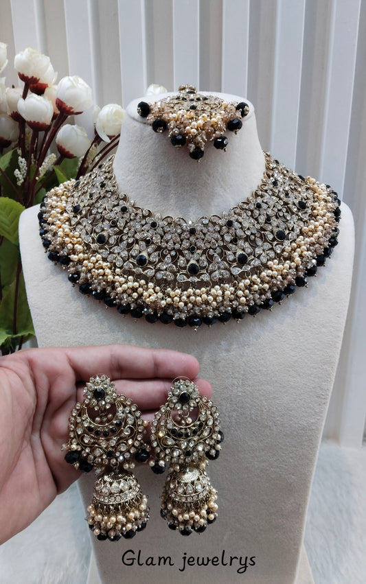Black Antique Gold Necklace Indian Jewellery Rcb Set