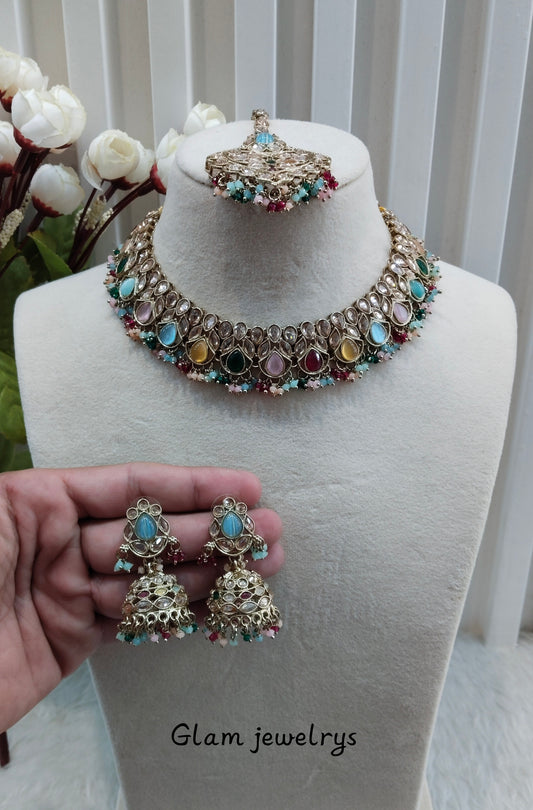 Multi Color Antique Gold Necklace Indian Jewellery Topply Set