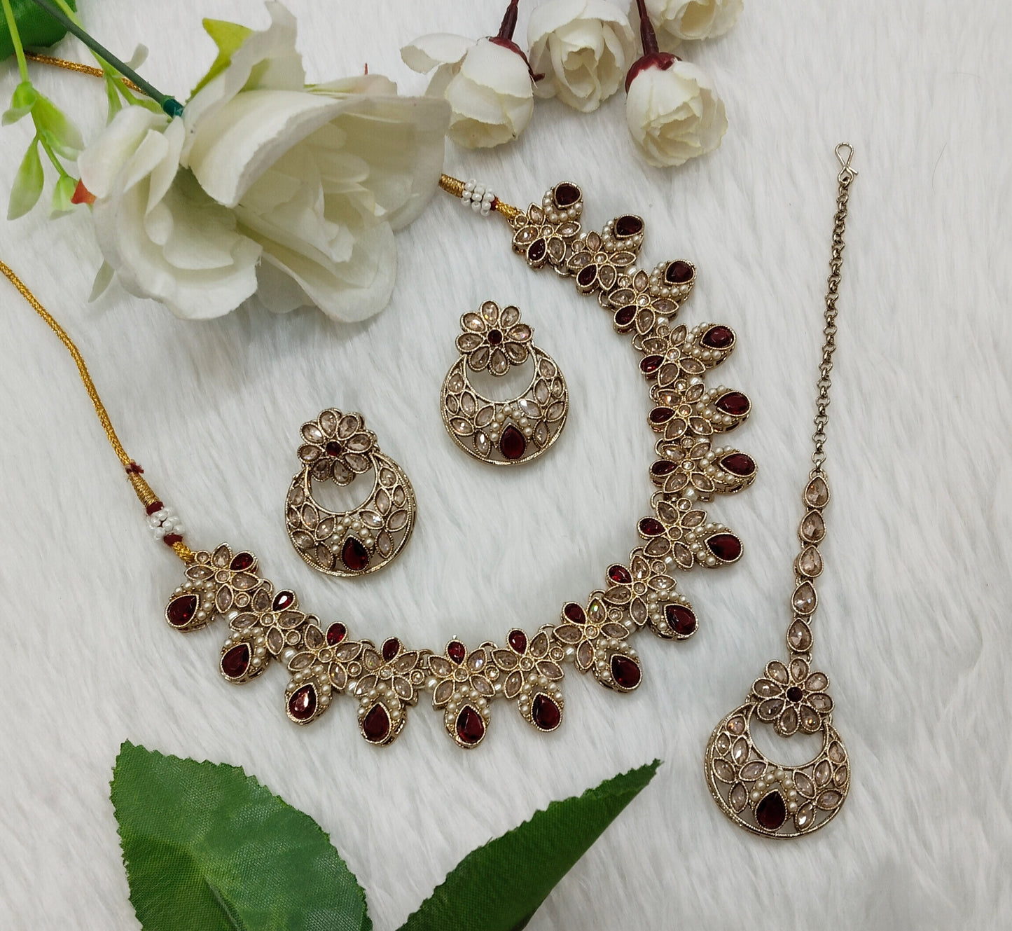 Maroon Antique Gold Necklace Indian Jewellery Race Set