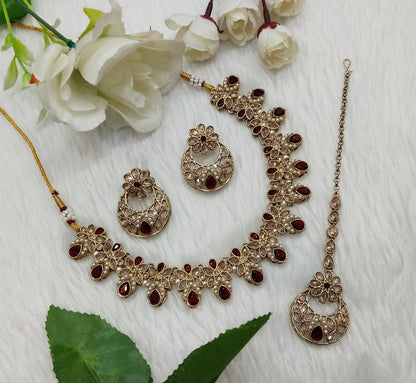 Maroon Antique Gold Necklace Indian Jewellery Race Set
