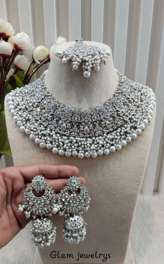 Silver white Necklace Indian Jewellery Rcb Set