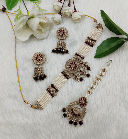 Maroon Antique Gold Choker Indian Jewellery Alan Set