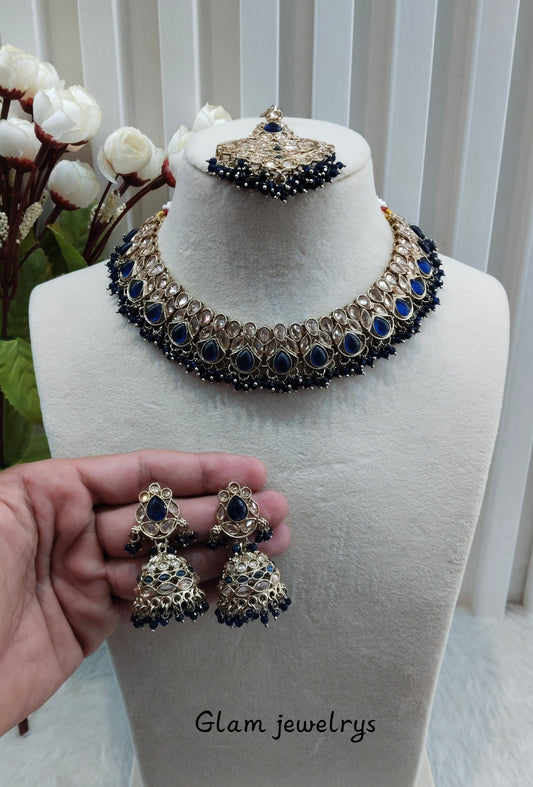 Blue Antique Gold Necklace Indian Jewellery Topply Set