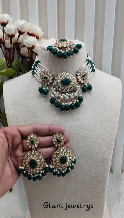 Green Antique Gold Choker Indian Jewellery Porel Set