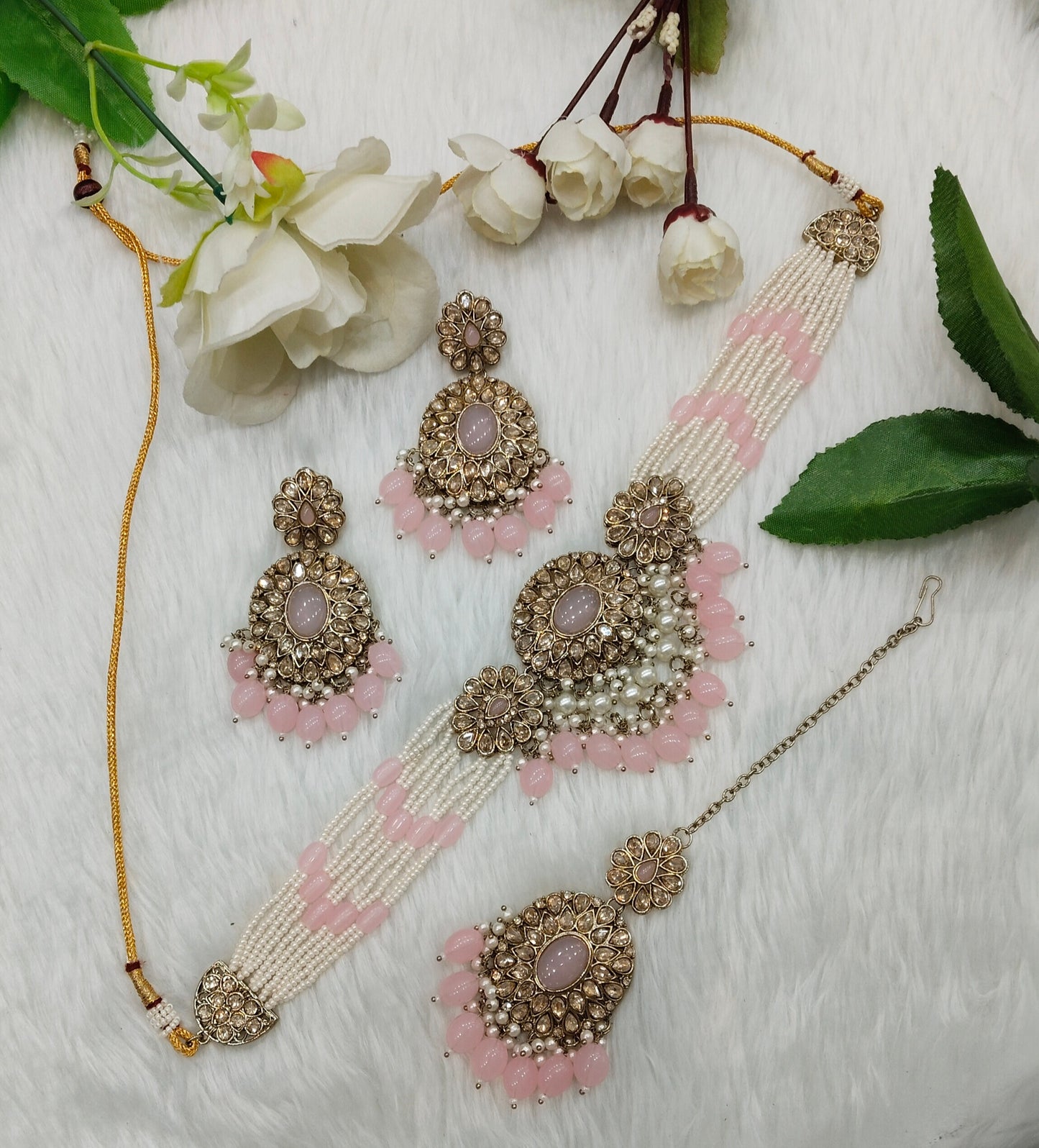 Pink Antique Gold Choker Indian Jewellery Porel Set