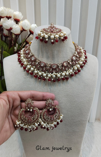 Maroon Antique Gold Necklace Indian Jewellery Mangu Set