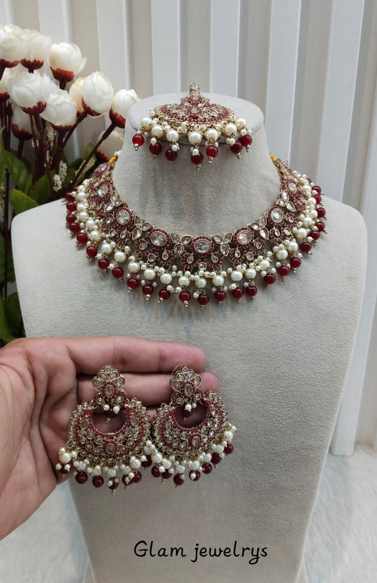 Maroon Antique Gold Necklace Indian Jewellery Mangu Set