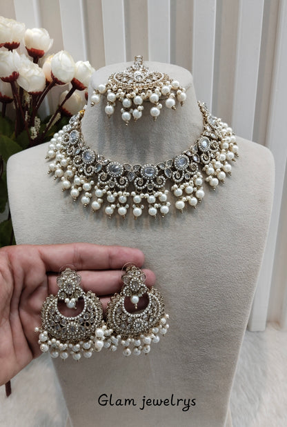 White Antique Gold Necklace Indian Jewellery Mangu Set