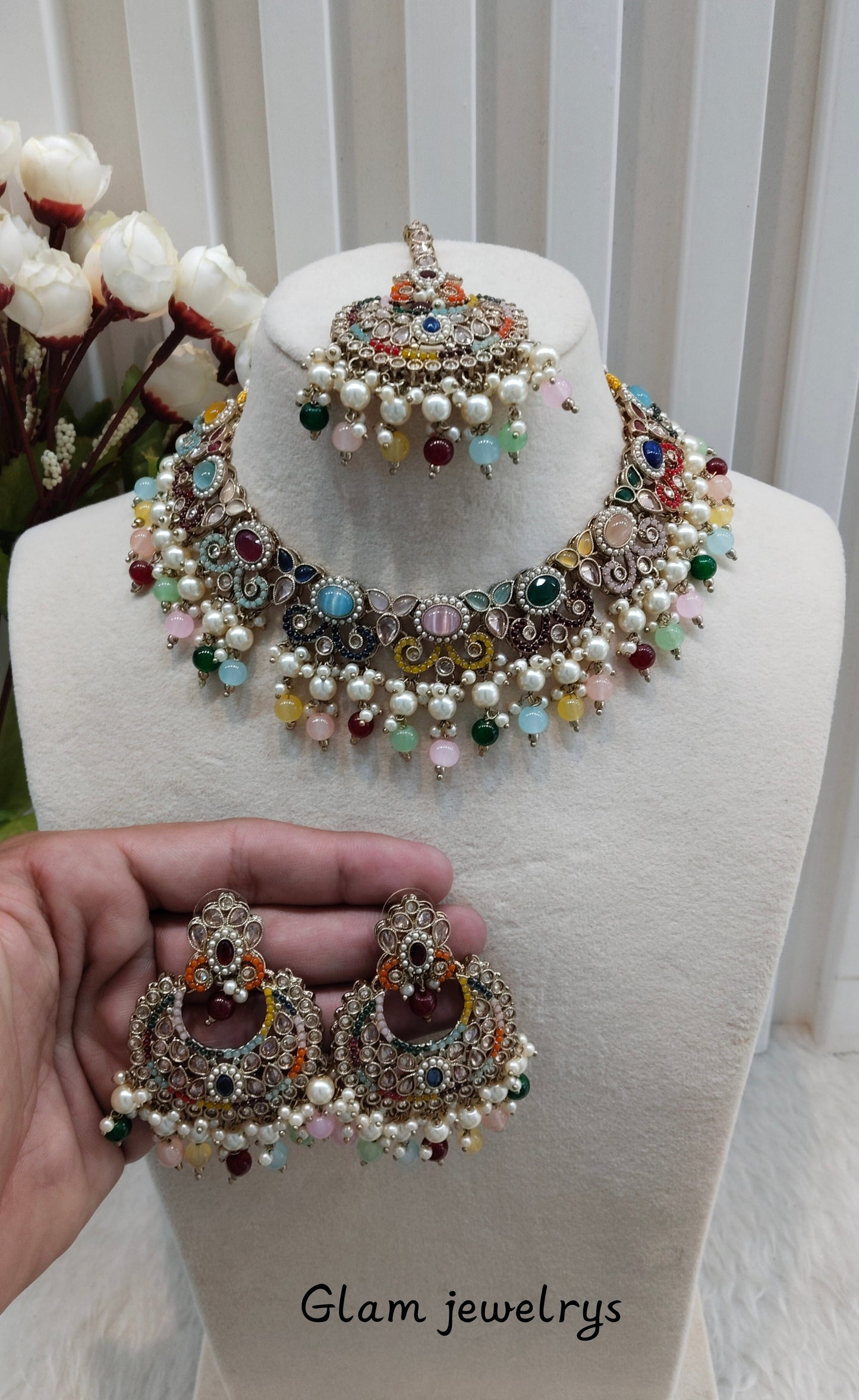 Multi color Antique Gold Necklace Indian Jewellery Mangu Set