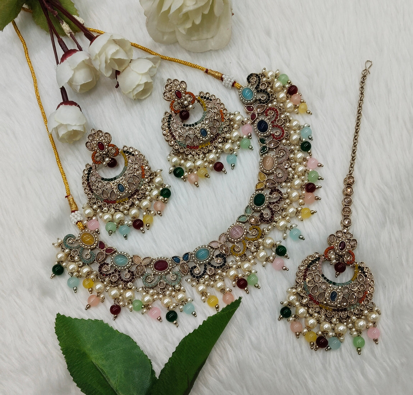 Multi color Antique Gold Necklace Indian Jewellery Mangu Set