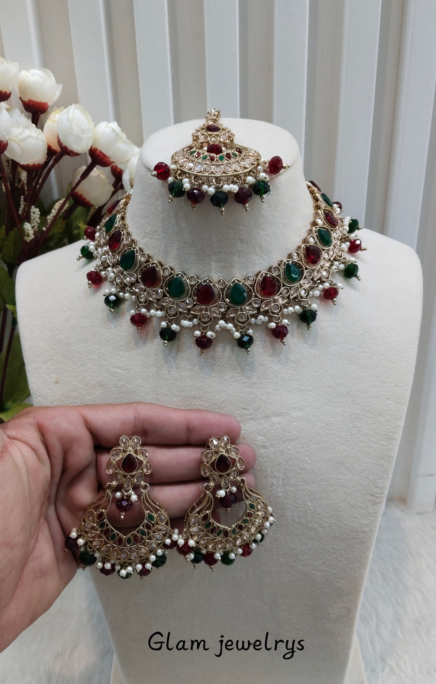 Ruby Green Antique Gold Necklace Indian Jewellery Arya Set