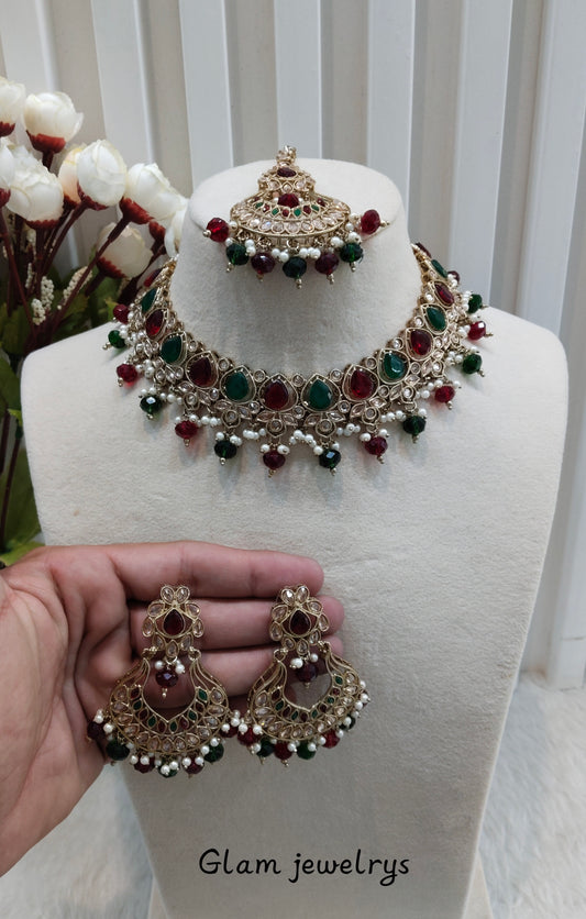 Ruby Green Antique Gold Necklace Indian Jewellery Arya Set