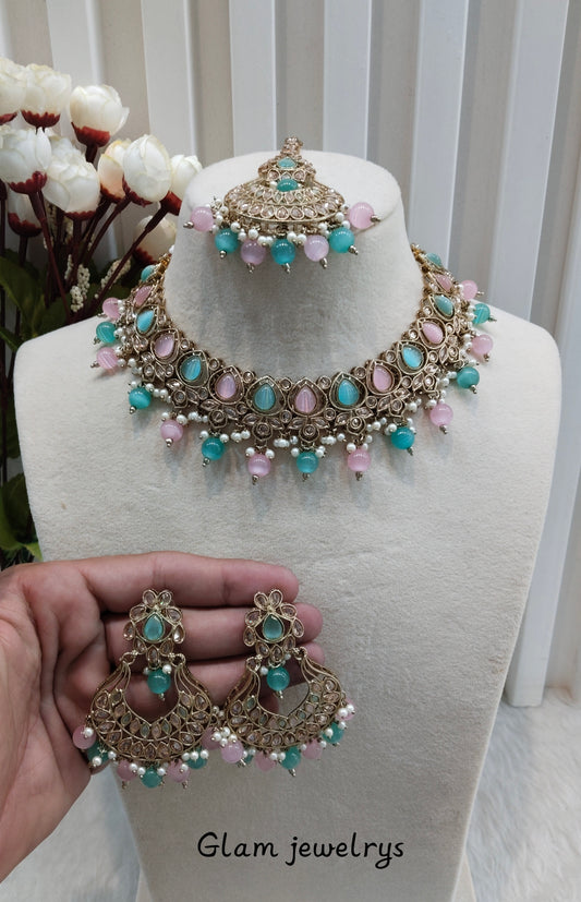 Mint Pink Antique Gold Necklace Indian Jewellery Arya Set