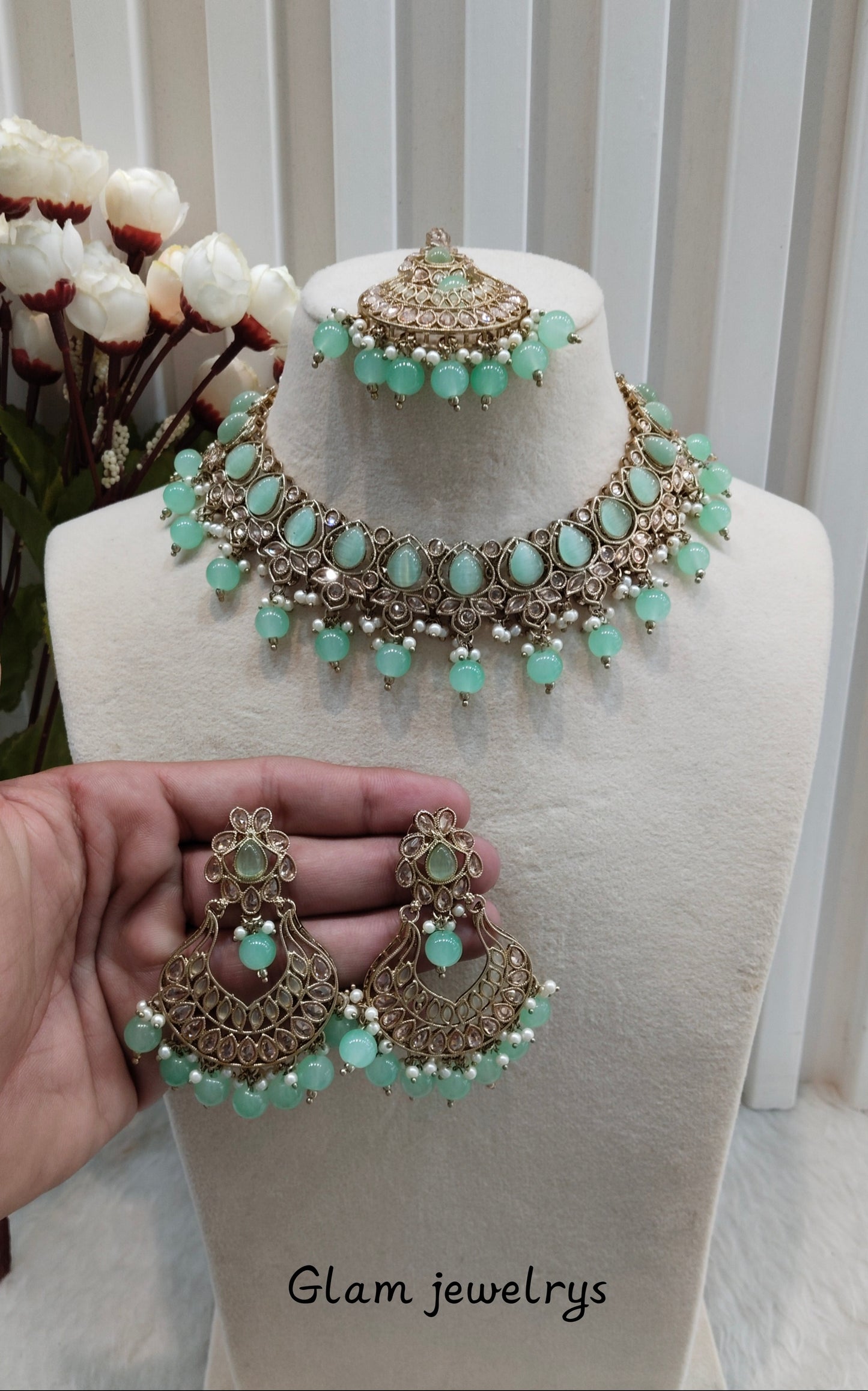 Pastel Green Antique Gold Necklace Indian Jewellery Arya Set