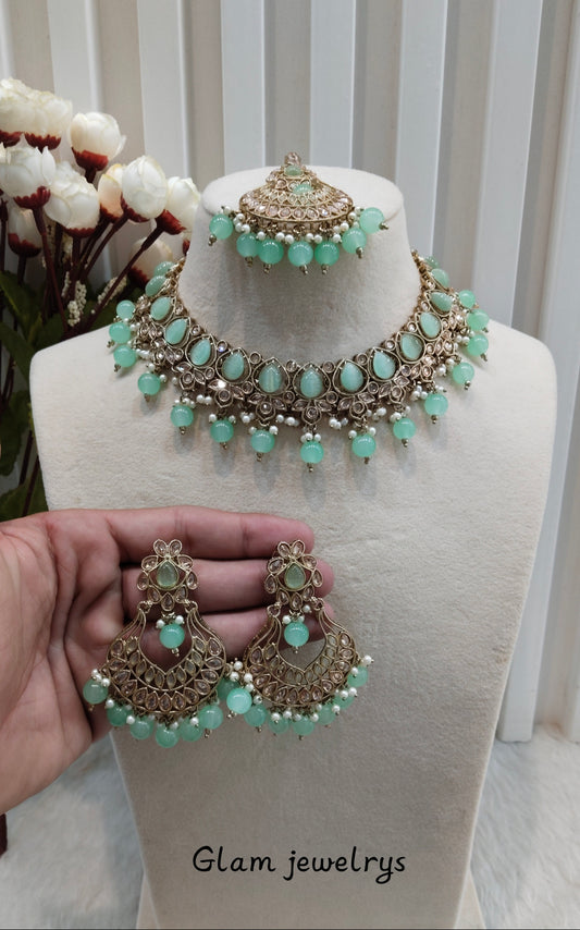 Pastel Green Antique Gold Necklace Indian Jewellery Arya Set